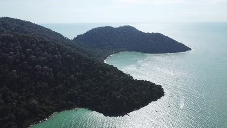 Aerial-boats-sail-at-Teluk-Bahang-Forest-Park,-Penang,-Malaysia.